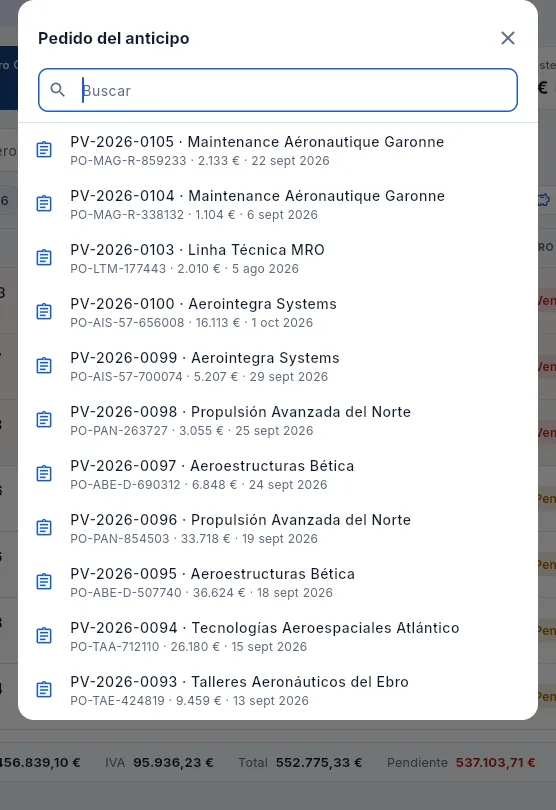 Elegir el pedido del anticipo.
