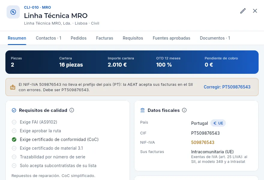 La ficha del cliente, abierta desde el registro: el aviso y la corrección en un clic (no se guarda).