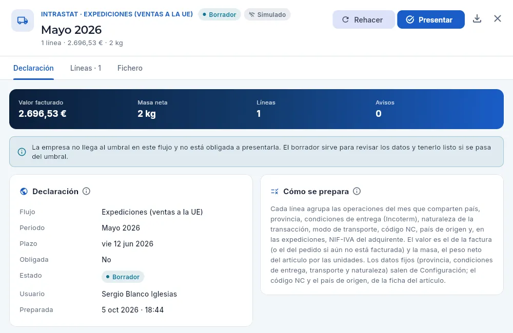 La declaración de expediciones de mayo, en borrador.