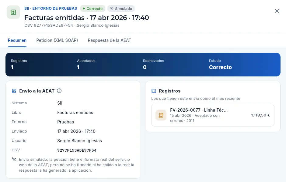 Ficha de un envío: el resumen, la petición SOAP y la respuesta.