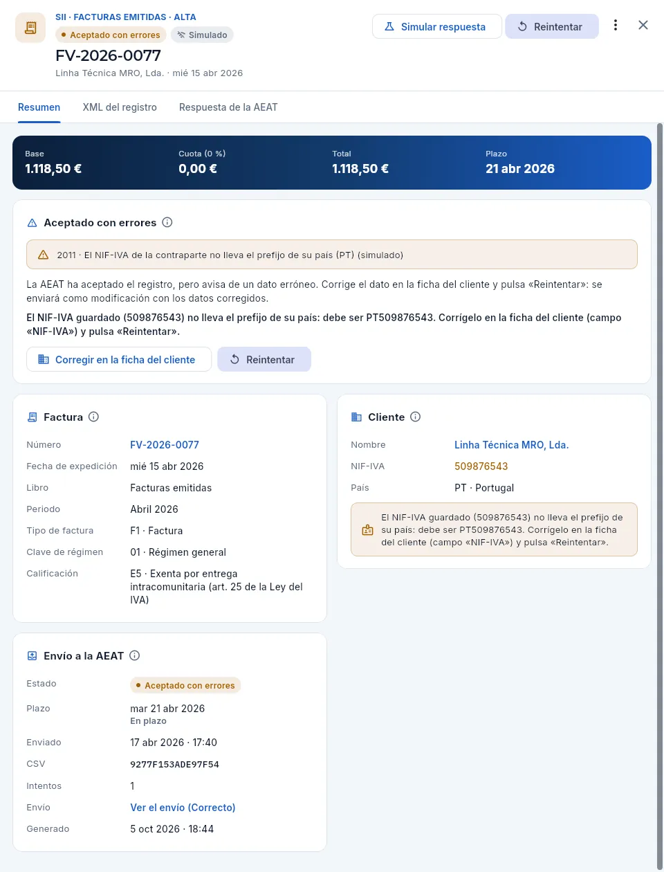 Ficha del registro aceptado con errores: qué ha respondido la AEAT y cómo se arregla.