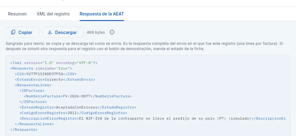 La respuesta de la AEAT al envío de ese registro.