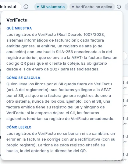 La ⓘ de VeriFactu explica por qué no aplica a una empresa en el SII.