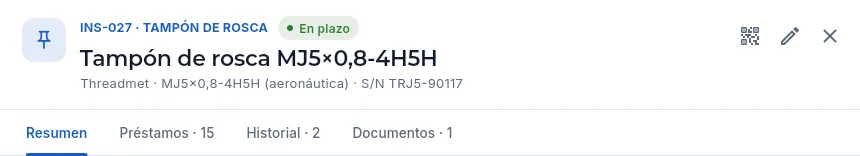 La ficha de INS-027 vista por el jefe de taller: puede editar el instrumento, pero no registrar calibraciones.