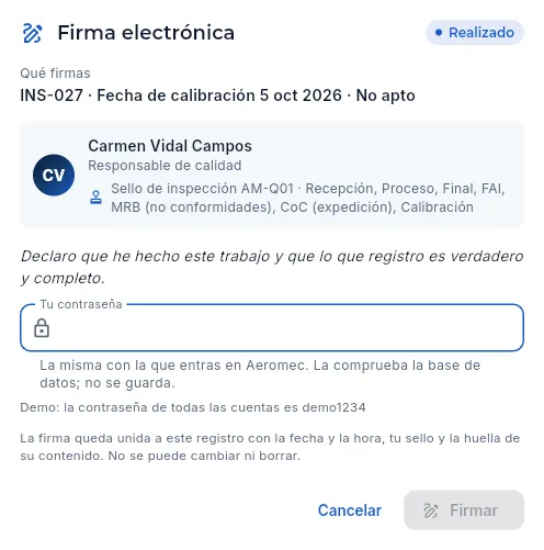 La firma de la calibración de INS-027 (sin firmar).