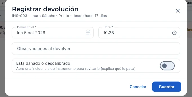 Registrar en la oficina la devolución de INS-003 (sin guardar).