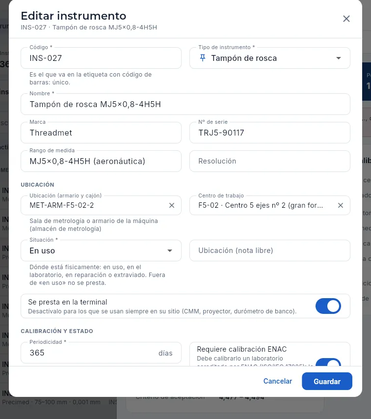 Editar instrumento (INS-027), la parte de arriba: identificación y ubicación (sin guardar).