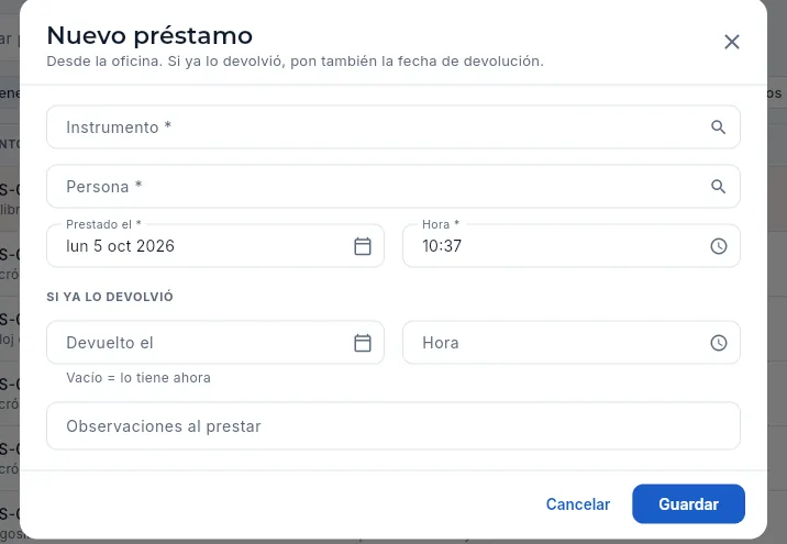 Nuevo préstamo desde la oficina (sin guardar).
