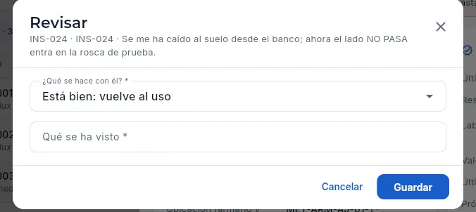 Revisar el instrumento dañado (sin guardar).
