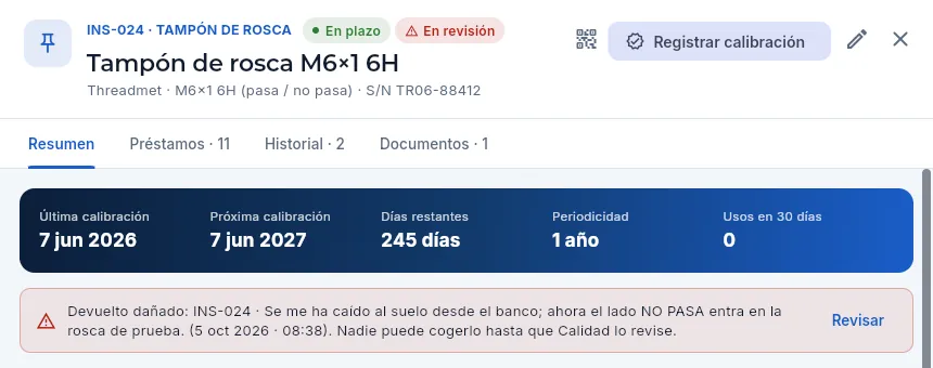 El tampón de rosca INS-024, devuelto dañado: en revisión.