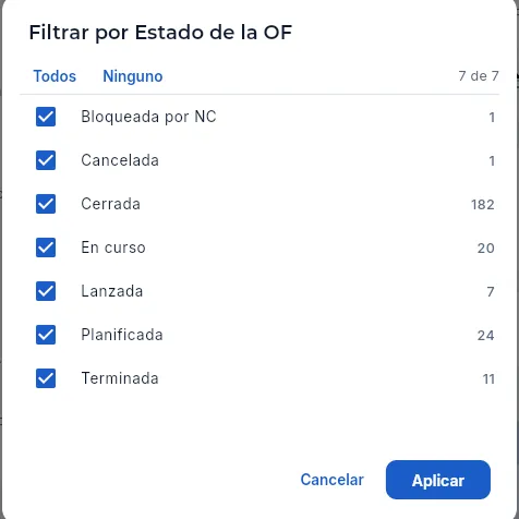 Filtrar por «Estado de la OF».