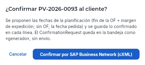 Confirmar un pedido de Propulsión Avanzada del Norte desde su ficha (no se genera).