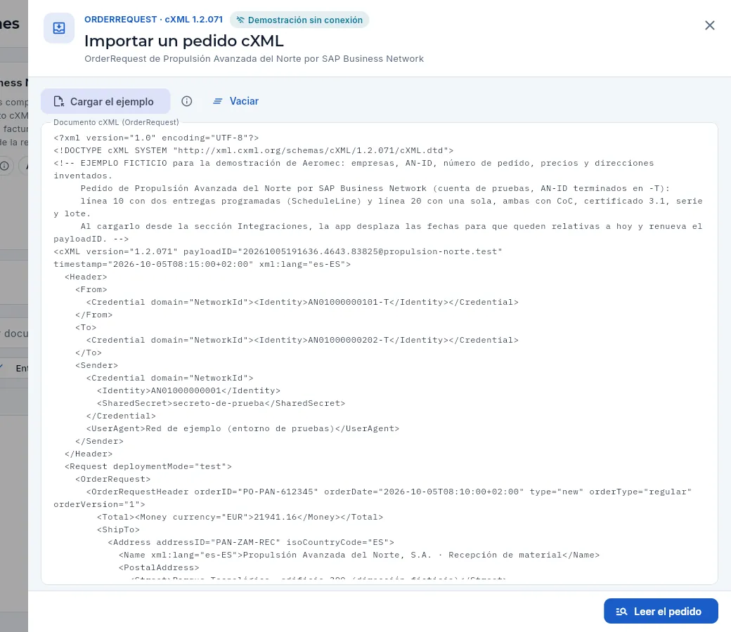 El panel de importación con el pedido de ejemplo cargado.