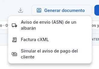 El menú «Generar documento» de Sergio (Administración): sin la confirmación de pedidos.