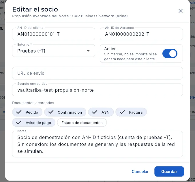 Editar el socio de integración (no se guarda).
