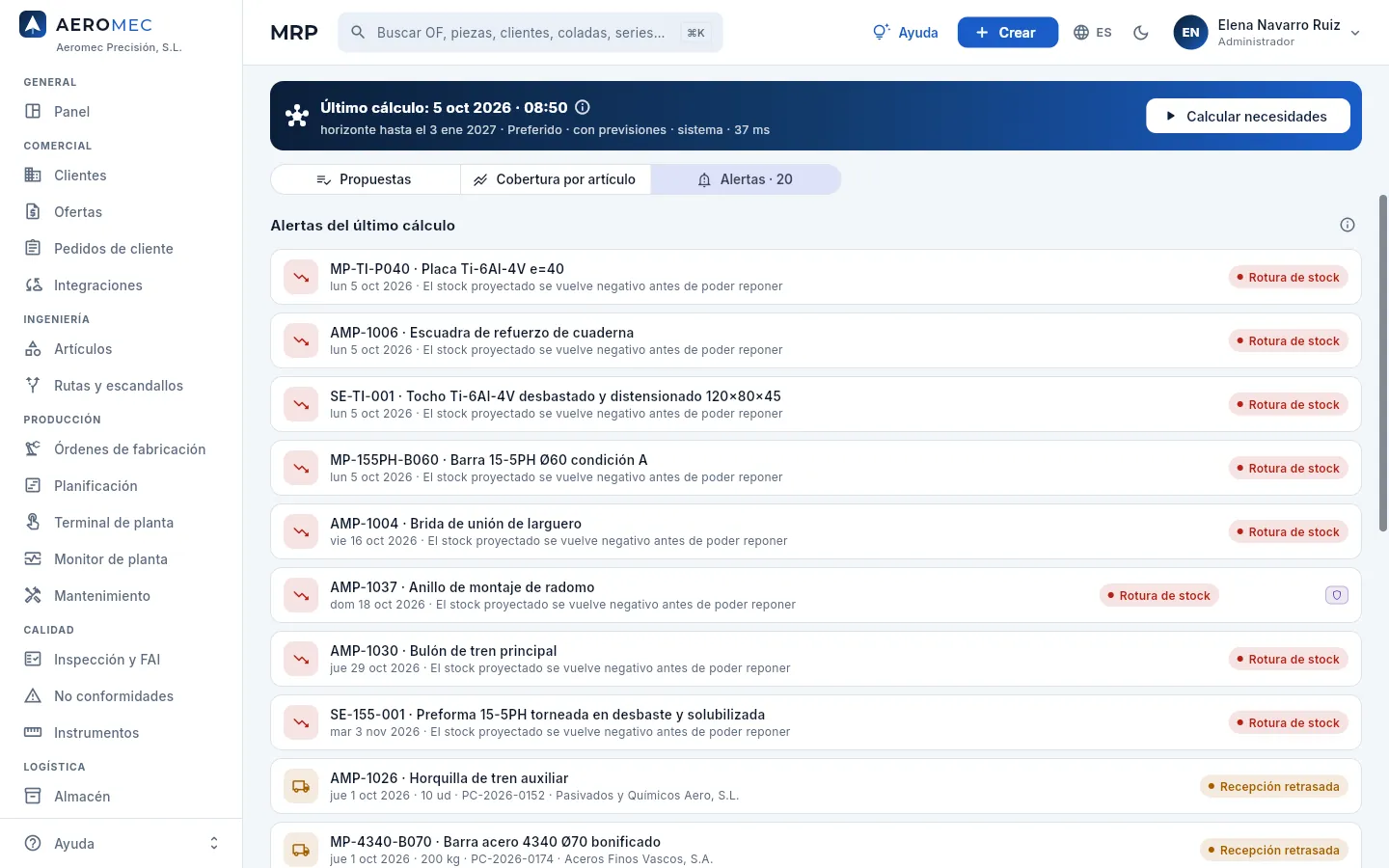 MRP, vista Alertas: las roturas de stock y los pedidos tardíos primero.