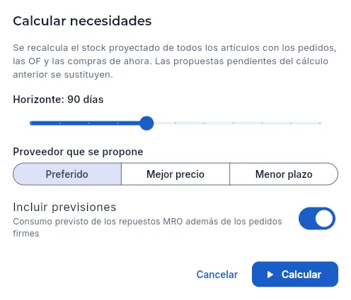 Las opciones del cálculo (sin calcular).