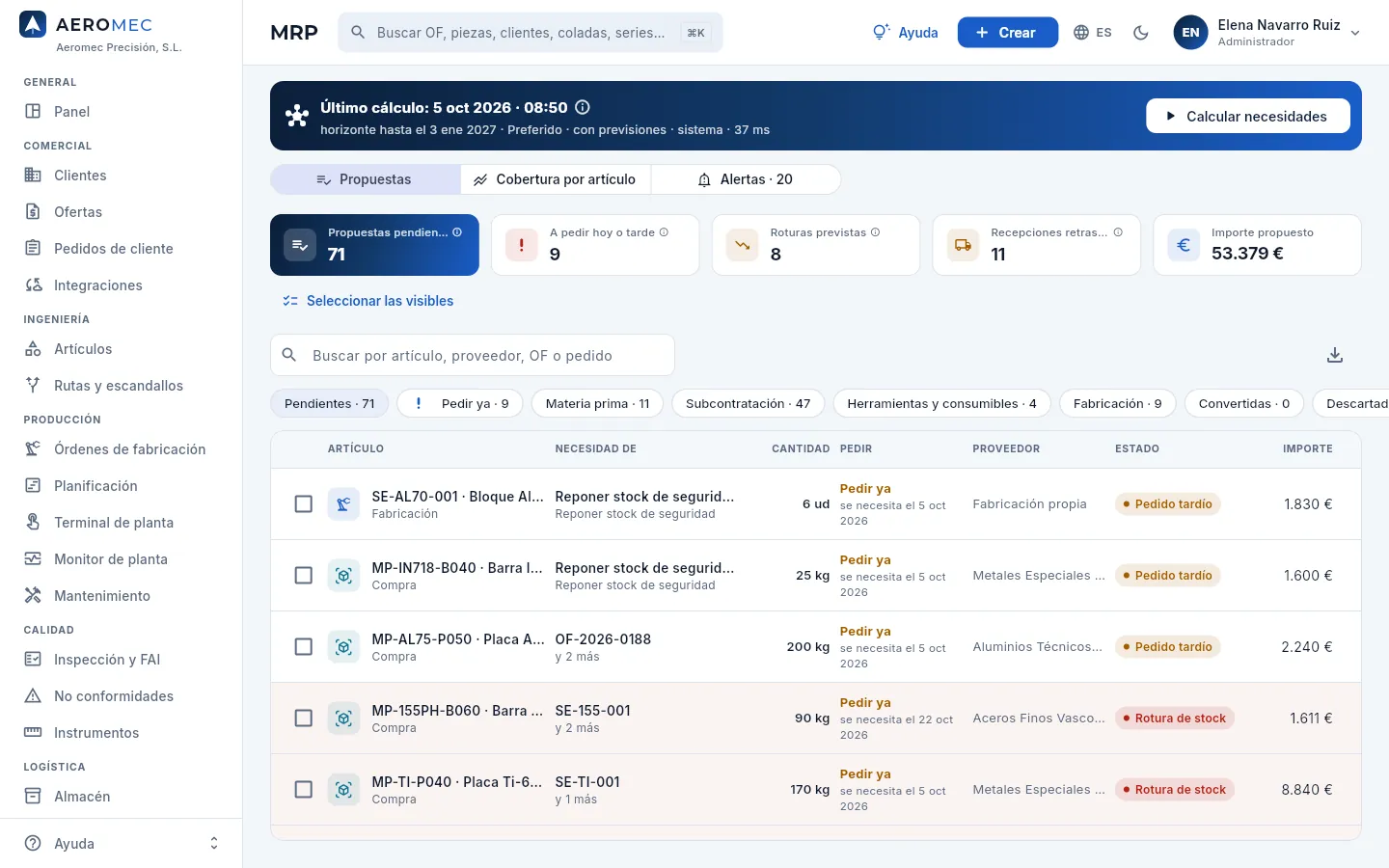 MRP, vista Propuestas: el último cálculo, los indicadores, los filtros y cada propuesta.