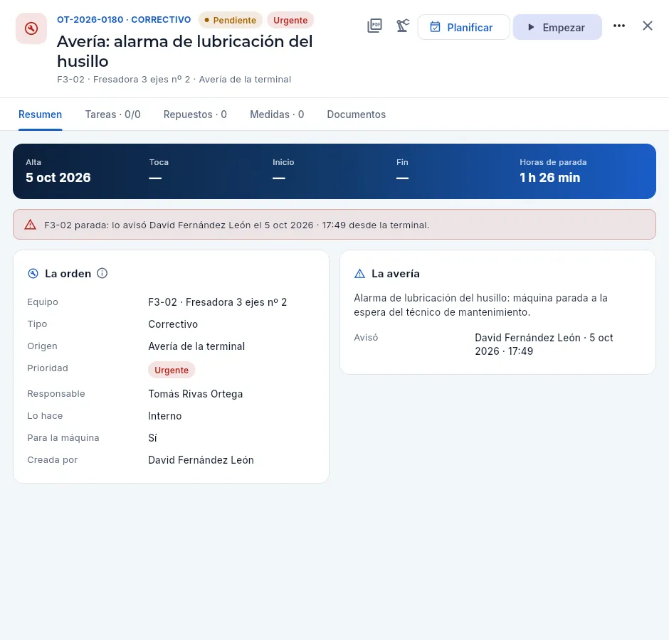 La ficha de la avería de F3-02, tal como llega de la terminal.