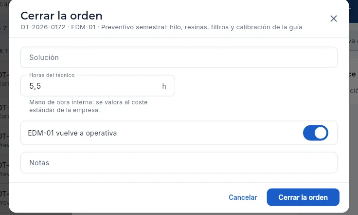 Cerrar la orden (sin guardar).