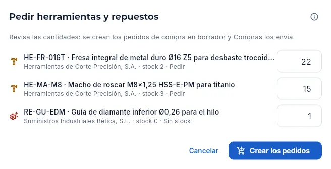 Pedir lo que falta (sin crear los pedidos).