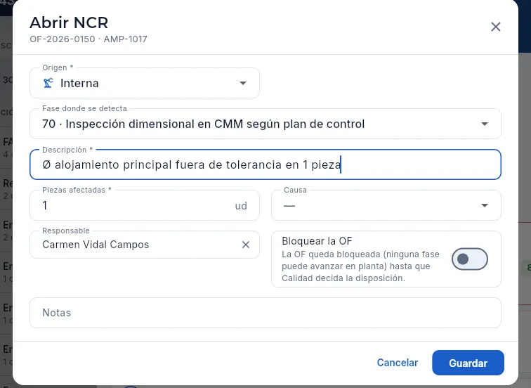 Abrir una NCR desde una inspección no conforme: la OF, la pieza y la fase ya vienen puestas (sin guardar).