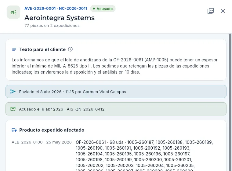 El aviso de escape de la NC-2026-0011 a Aerointegra Systems: el texto, el envío, el acuse y las piezas afectadas.