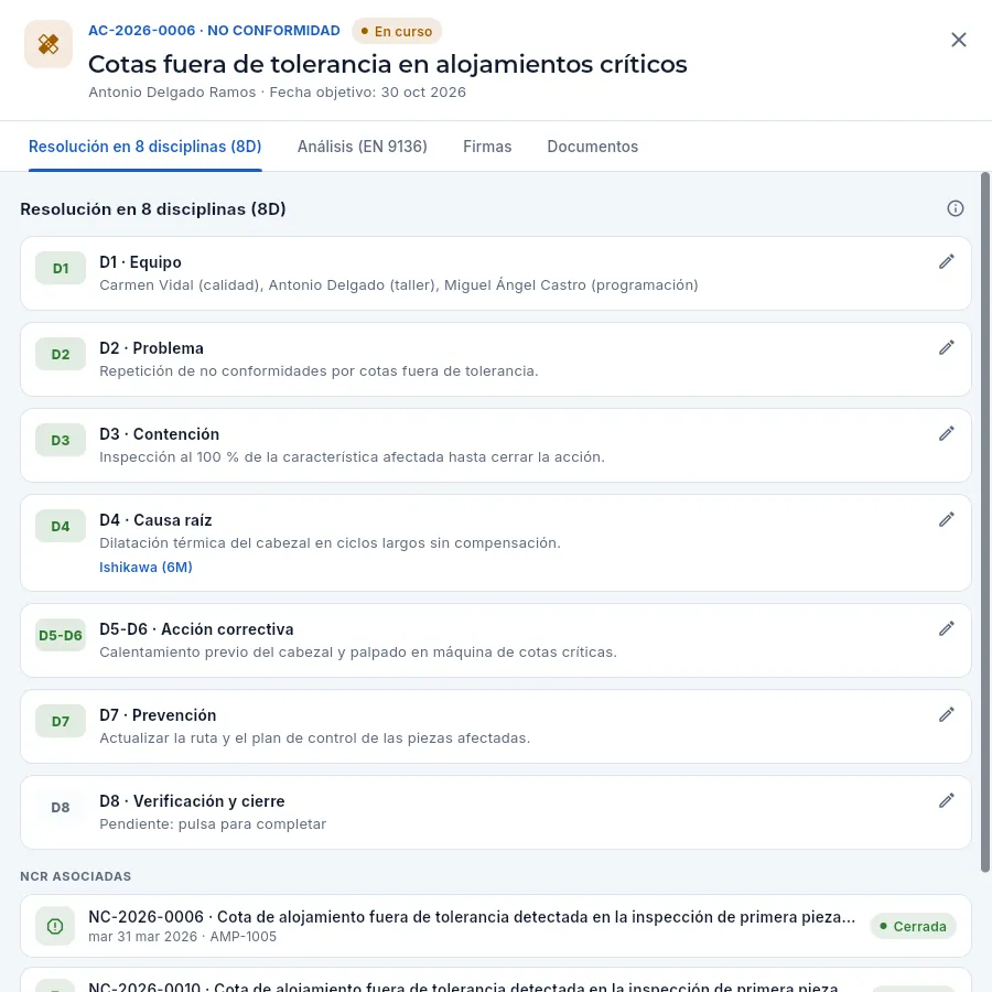 La CAPA AC-2026-0006 en 8D, con todos los pasos escritos salvo la verificación (D8).
