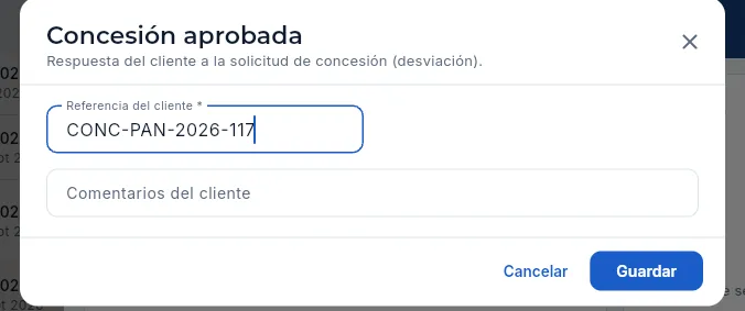 Javier (Dirección) registra que el cliente aprueba la concesión (sin guardar).