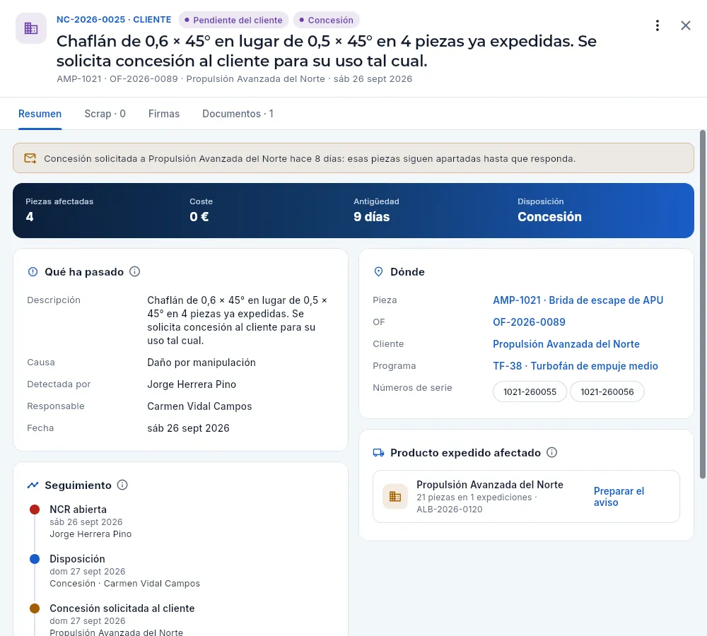 La NCR de cliente con la concesión pedida a Propulsión Avanzada del Norte.