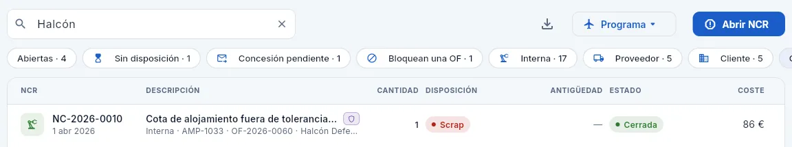 Una NCR de un cliente de defensa (Halcón Defensa Sistemas): la ve Calidad porque tiene «Datos de defensa».