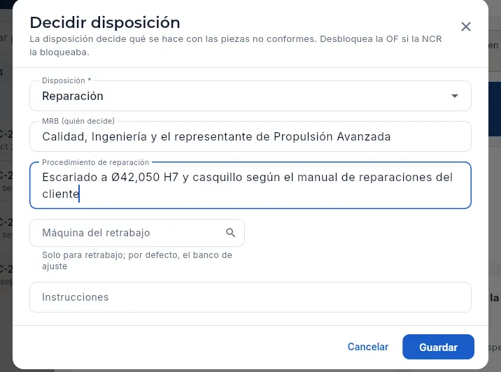 Decidir la disposición de la NC-2026-0016: reparación con su procedimiento, pendiente de la aprobación del cliente (sin guardar).