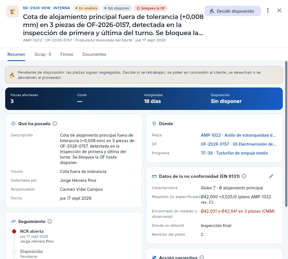 La ficha de la NC-2026-0016, interna, que bloquea su OF: todavía sin disposición y con sus datos EN 9131.