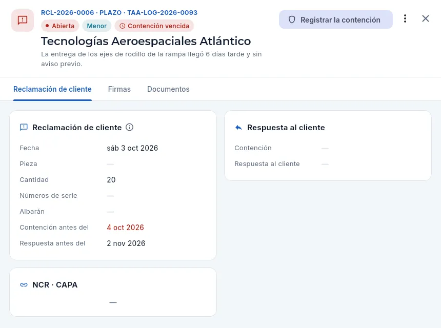 La reclamación de Tecnologías Aeroespaciales Atlántico por un retraso: la contención está vencida.