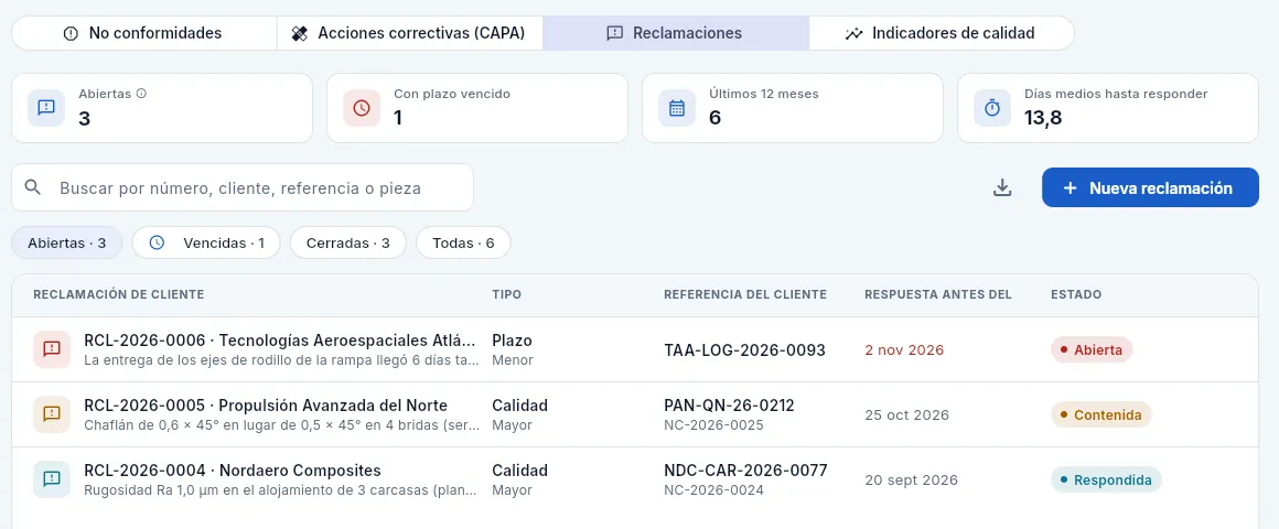 La vista Reclamaciones: las abiertas, con la de Tecnologías Aeroespaciales Atlántico fuera de plazo.