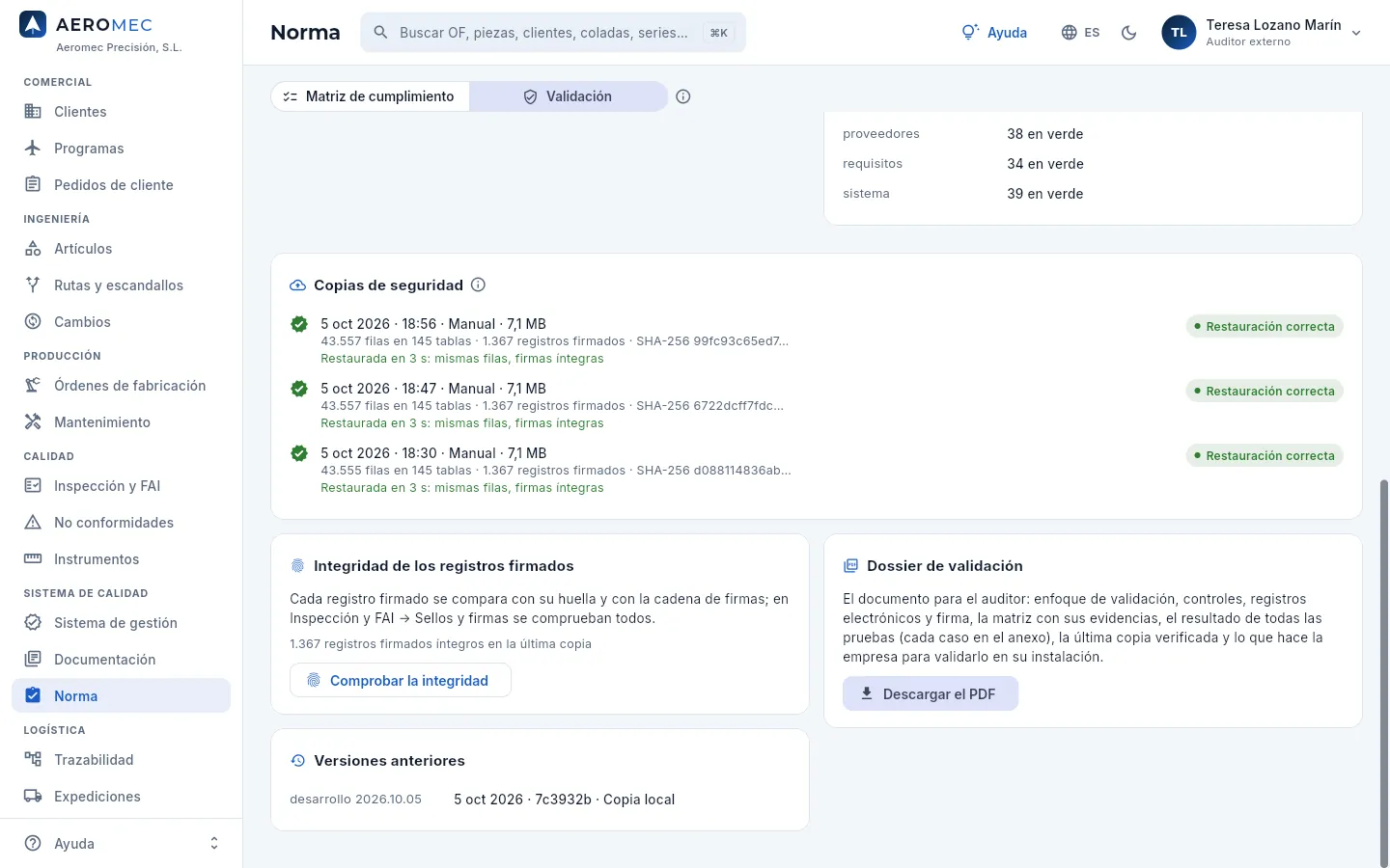 Norma → Validación: las copias de seguridad, la integridad y el dossier.