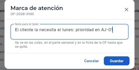 «Marca de atención» con su nota (sin guardar).