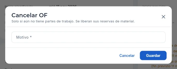 «Cancelar OF» en una OF planificada (sin guardar).