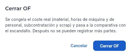 «Cerrar OF» en una OF terminada (sin confirmar).