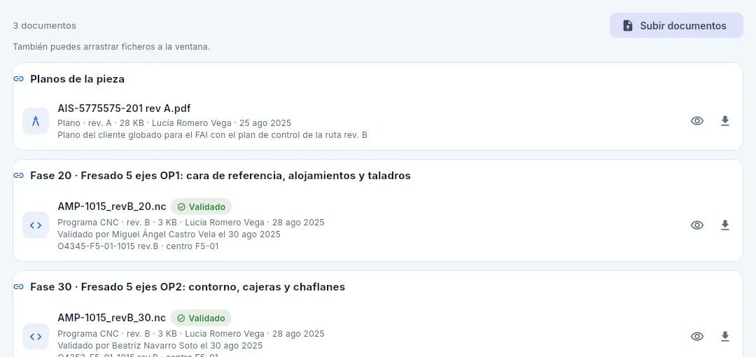 Los documentos de una OF: el plano de la pieza y los programas CNC de sus fases.