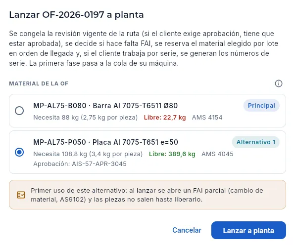 Lanzar una OF planificada: el material principal no llega y viene marcado el alternativo aprobado en la ruta (sin lanzar).