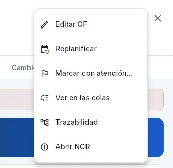 El menú ⋮ de una OF en curso.