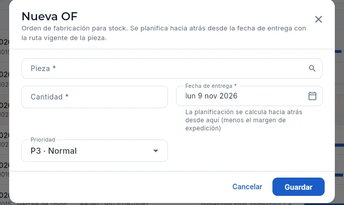 El formulario «Nueva OF» (sin guardar).