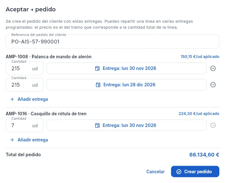Aceptar una oferta de dos piezas: la primera, repartida en dos entregas de 15 (no se guarda).