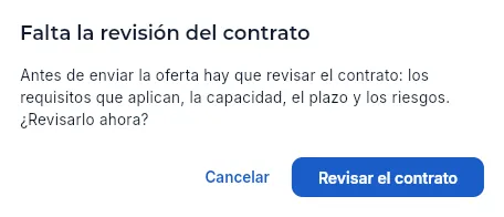 Enviar al cliente una oferta sin revisar: Aeromec pide antes la revisión del contrato (no se envía).