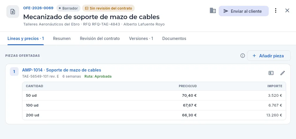 Una oferta en borrador vista por Marta (Comercial): precios sí, costes y márgenes no.