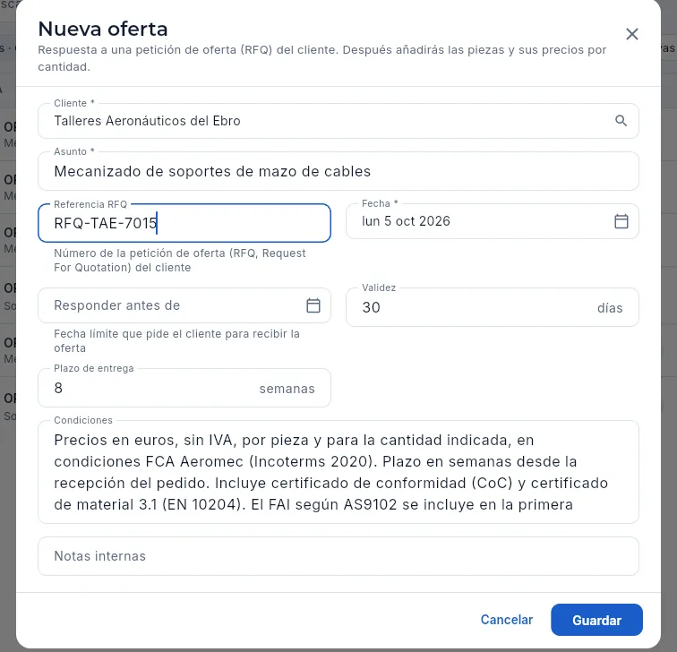 El formulario «Nueva oferta» con los datos de una RFQ (no se guarda).