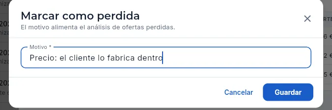 Marcar una oferta como perdida (no se guarda).