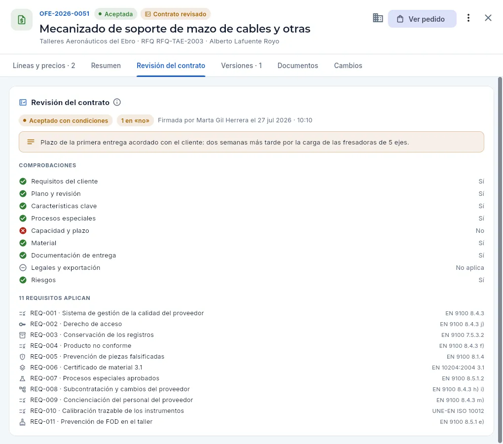 Una revisión del contrato firmada con el resultado «aceptado con condiciones», en una oferta ya aceptada de Talleres Aeronáuticos del Ebro.