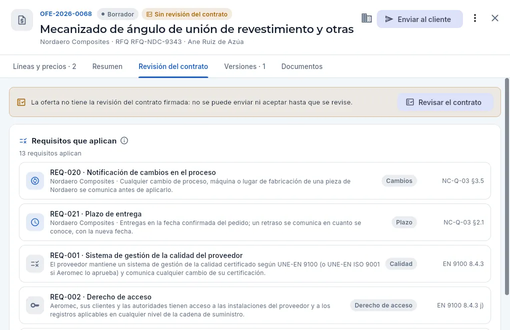 La pestaña «Revisión del contrato» de una oferta en borrador de Nordaero Composites que aún no se ha revisado, vista por Marta (Comercial).
